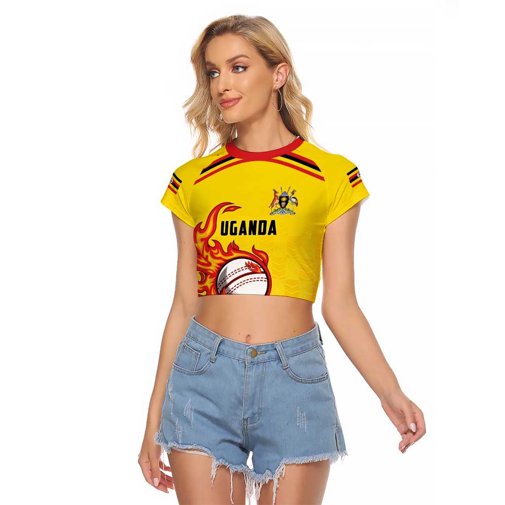 Uganda Cricket Custom Raglan Cropped T Shirt Cranes Cricket Ball Fire - Wonder Print Shop