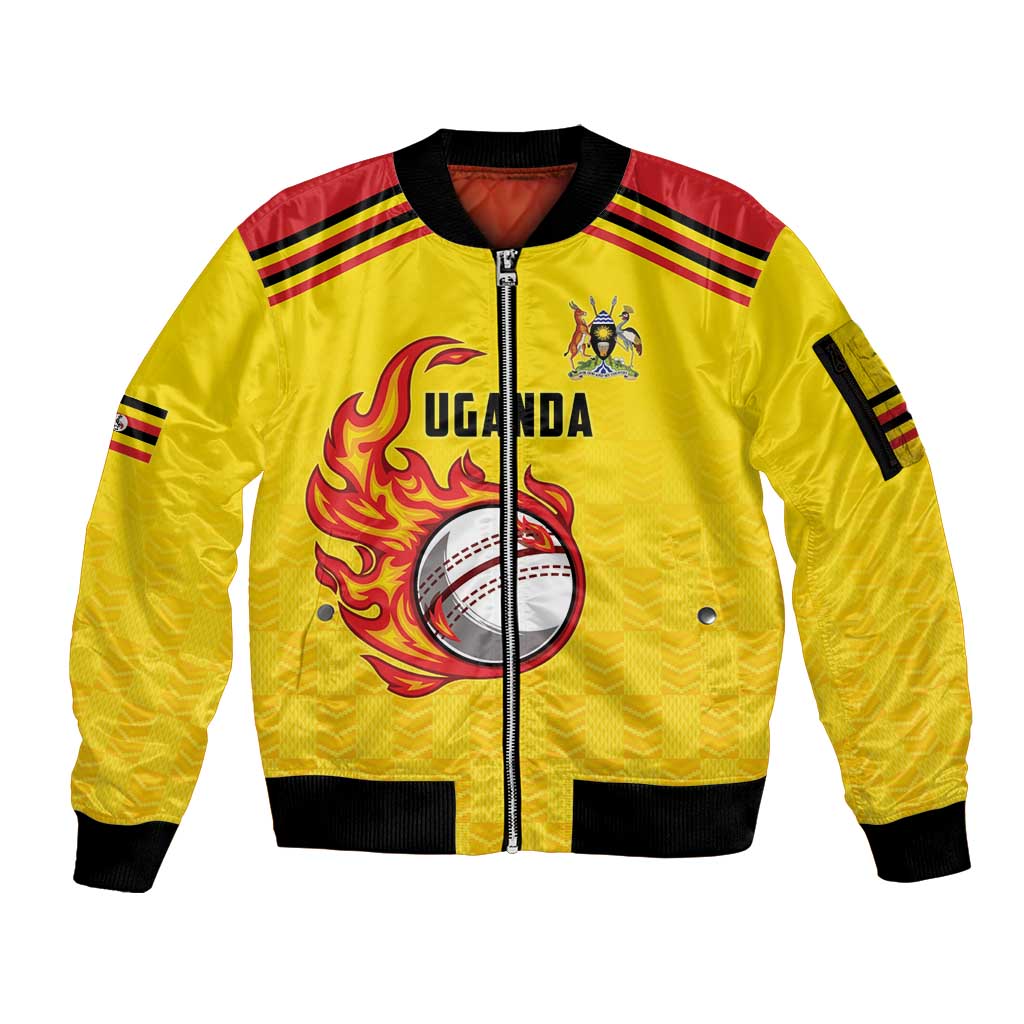 Uganda Cricket Custom Sleeve Zip Bomber Jacket Cranes Cricket Ball Fire - Wonder Print Shop