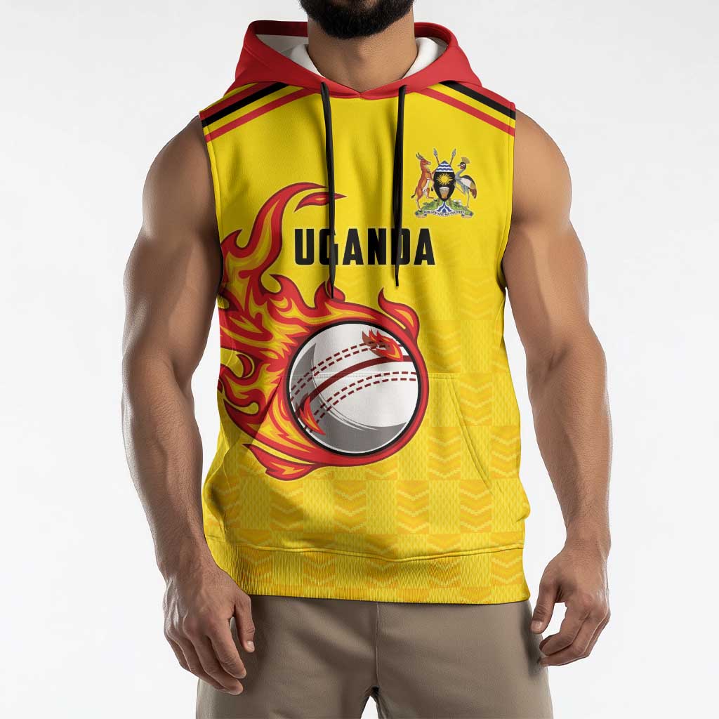 Uganda Cricket Custom Sleeveless Hoodie Cranes Cricket Ball Fire - Wonder Print Shop