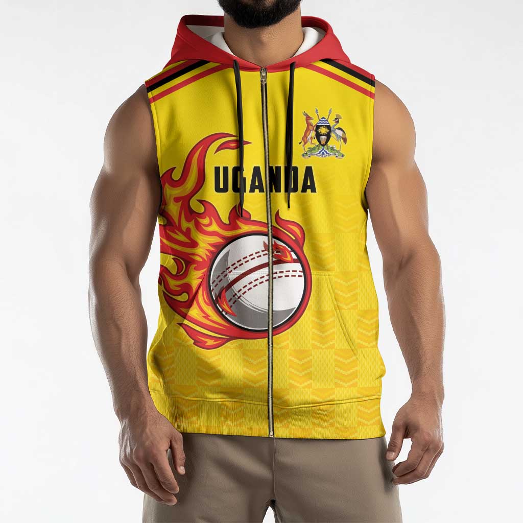 Uganda Cricket Custom Sleeveless Zip Hoodie Cranes Cricket Ball Fire - Wonder Print Shop