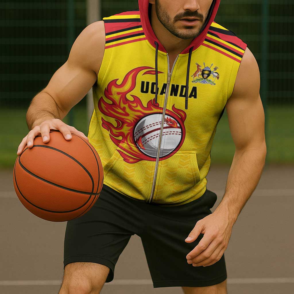 Uganda Cricket Custom Sleeveless Zip Hoodie Cranes Cricket Ball Fire - Wonder Print Shop