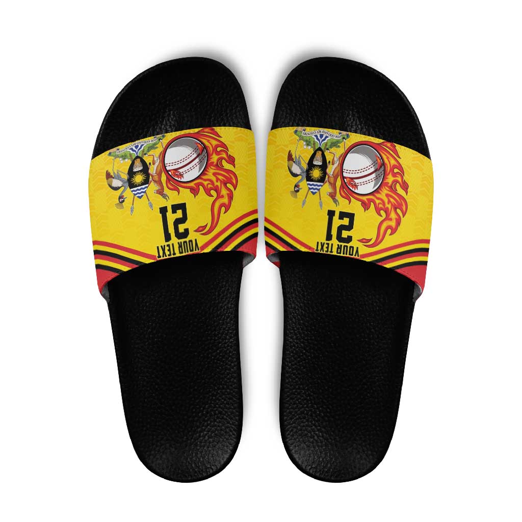 Uganda Cricket Custom Slide Sandals Cranes Cricket Ball Fire - Wonder Print Shop