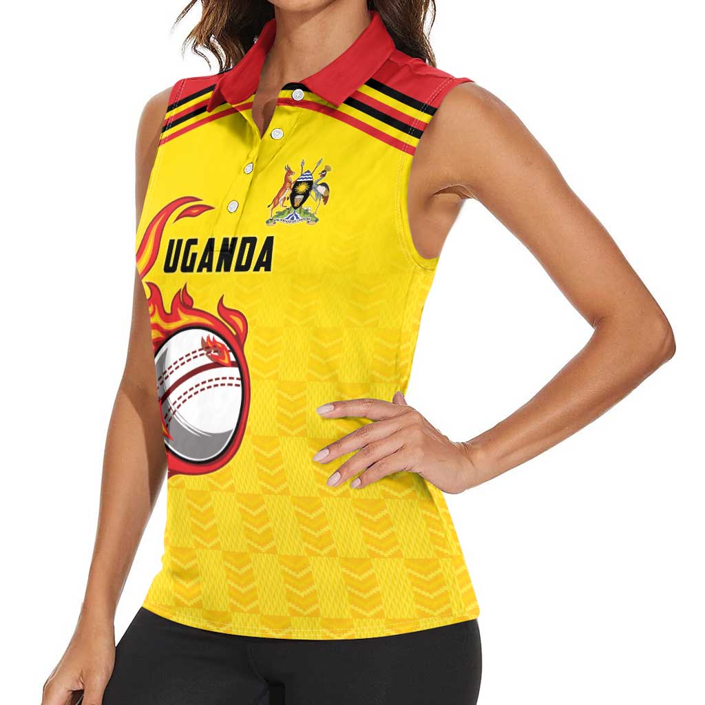 Uganda Cricket Custom Women Sleeveless Polo Shirt Cranes Cricket Ball Fire - Wonder Print Shop