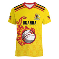 Uganda Cricket Custom Women V-Neck T-Shirt Cranes Cricket Ball Fire - Wonder Print Shop