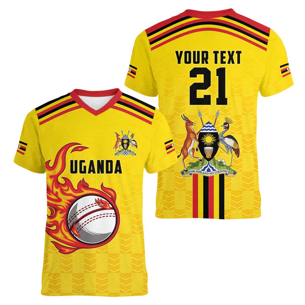 Uganda Cricket Custom Women V-Neck T-Shirt Cranes Cricket Ball Fire - Wonder Print Shop