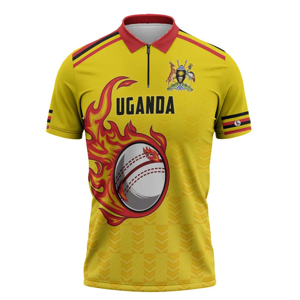 Uganda Cricket Custom Zipper Polo Shirt Cranes Cricket Ball Fire - Wonder Print Shop