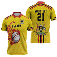 Uganda Cricket Custom Zipper Polo Shirt Cranes Cricket Ball Fire - Wonder Print Shop