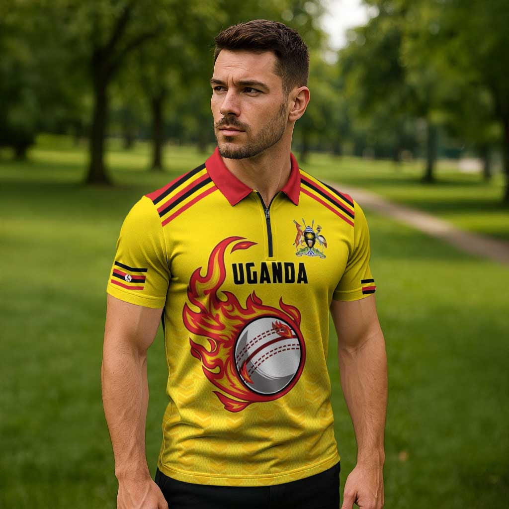 Uganda Cricket Custom Zipper Polo Shirt Cranes Cricket Ball Fire - Wonder Print Shop