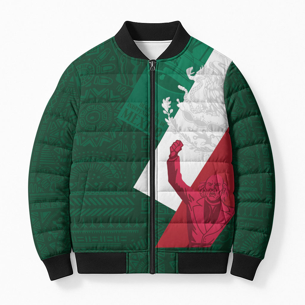Dia de la Independencia de Mexico Bomber Puffer Jacket 16 De Septiembre Traditional Aztec Tribal Green
