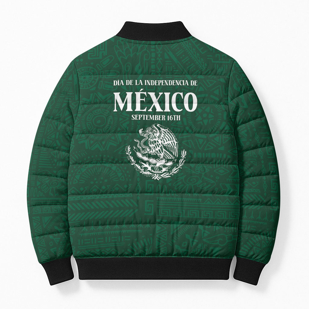 Dia de la Independencia de Mexico Bomber Puffer Jacket 16 De Septiembre Traditional Aztec Tribal Green