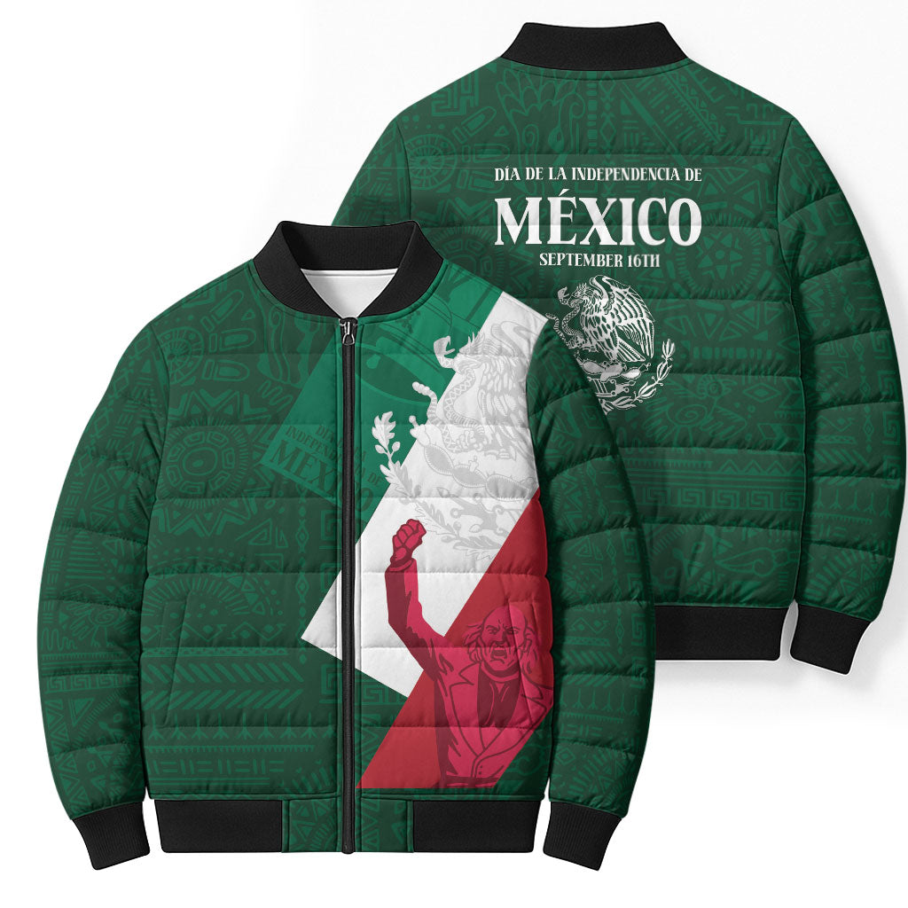 Dia de la Independencia de Mexico Bomber Puffer Jacket 16 De Septiembre Traditional Aztec Tribal Green