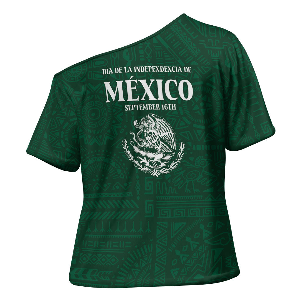 Dia de la Independencia de Mexico Cross Shoulder Shirt 16 De Septiembre Traditional Aztec Tribal Green