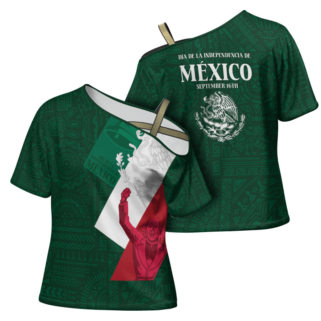 Dia de la Independencia de Mexico Cross Shoulder Shirt 16 De Septiembre Traditional Aztec Tribal Green