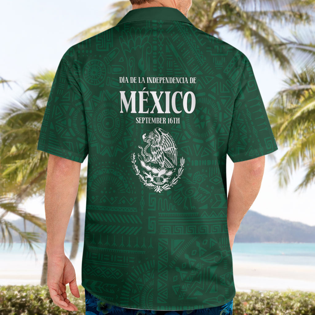 Dia de la Independencia de Mexico Hawaiian Shirt 16 De Septiembre Traditional Aztec Tribal Green