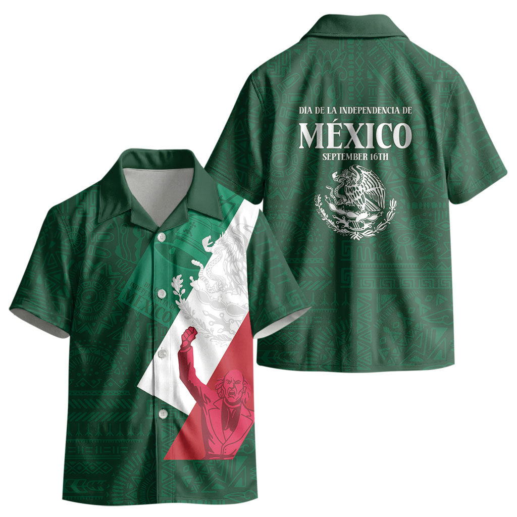 Dia de la Independencia de Mexico Kid Hawaiian Shirt 16 De Septiembre Traditional Aztec Tribal Green