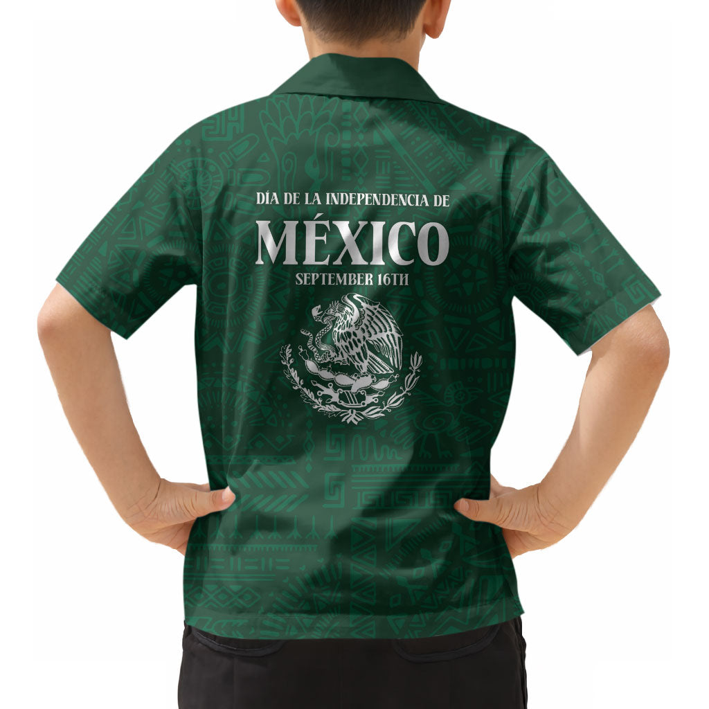 Dia de la Independencia de Mexico Kid Hawaiian Shirt 16 De Septiembre Traditional Aztec Tribal Green