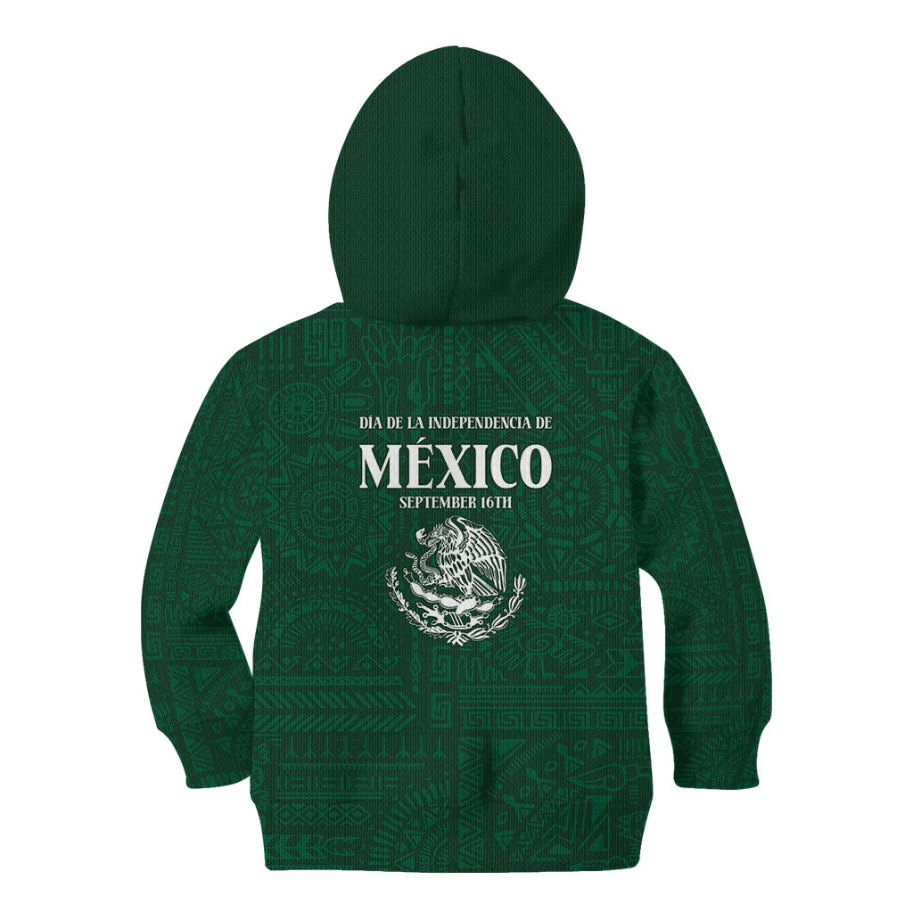 Dia de la Independencia de Mexico Kid Hoodie 16 De Septiembre Traditional Aztec Tribal Green