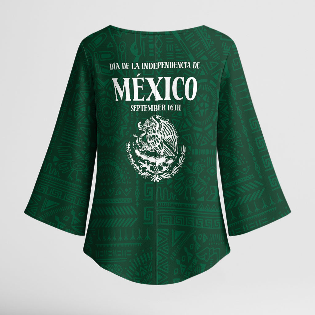 Dia de la Independencia de Mexico Kimono Sleeve Blouse 16 De Septiembre Traditional Aztec Tribal Green