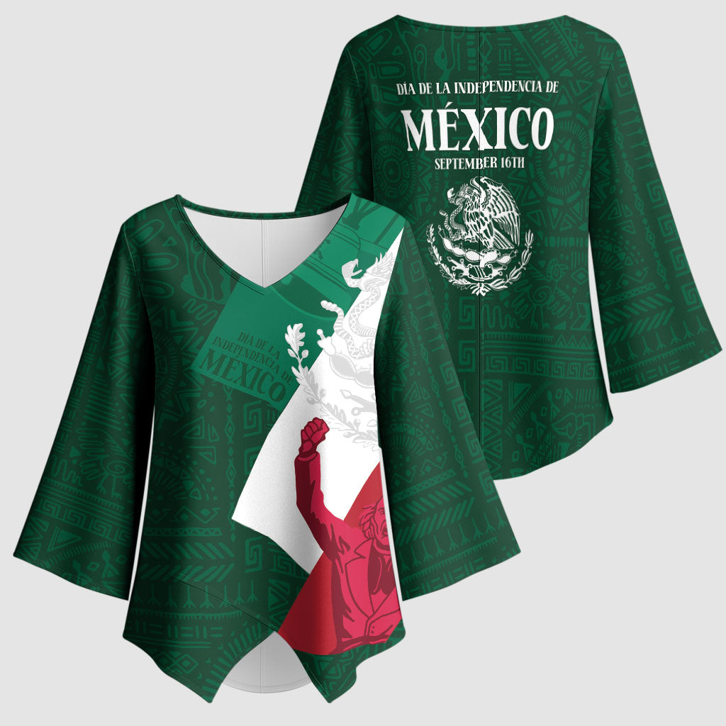Dia de la Independencia de Mexico Kimono Sleeve Blouse 16 De Septiembre Traditional Aztec Tribal Green