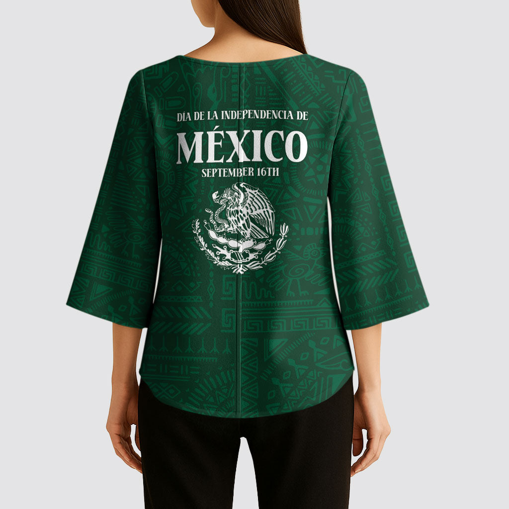 Dia de la Independencia de Mexico Kimono Sleeve Blouse 16 De Septiembre Traditional Aztec Tribal Green