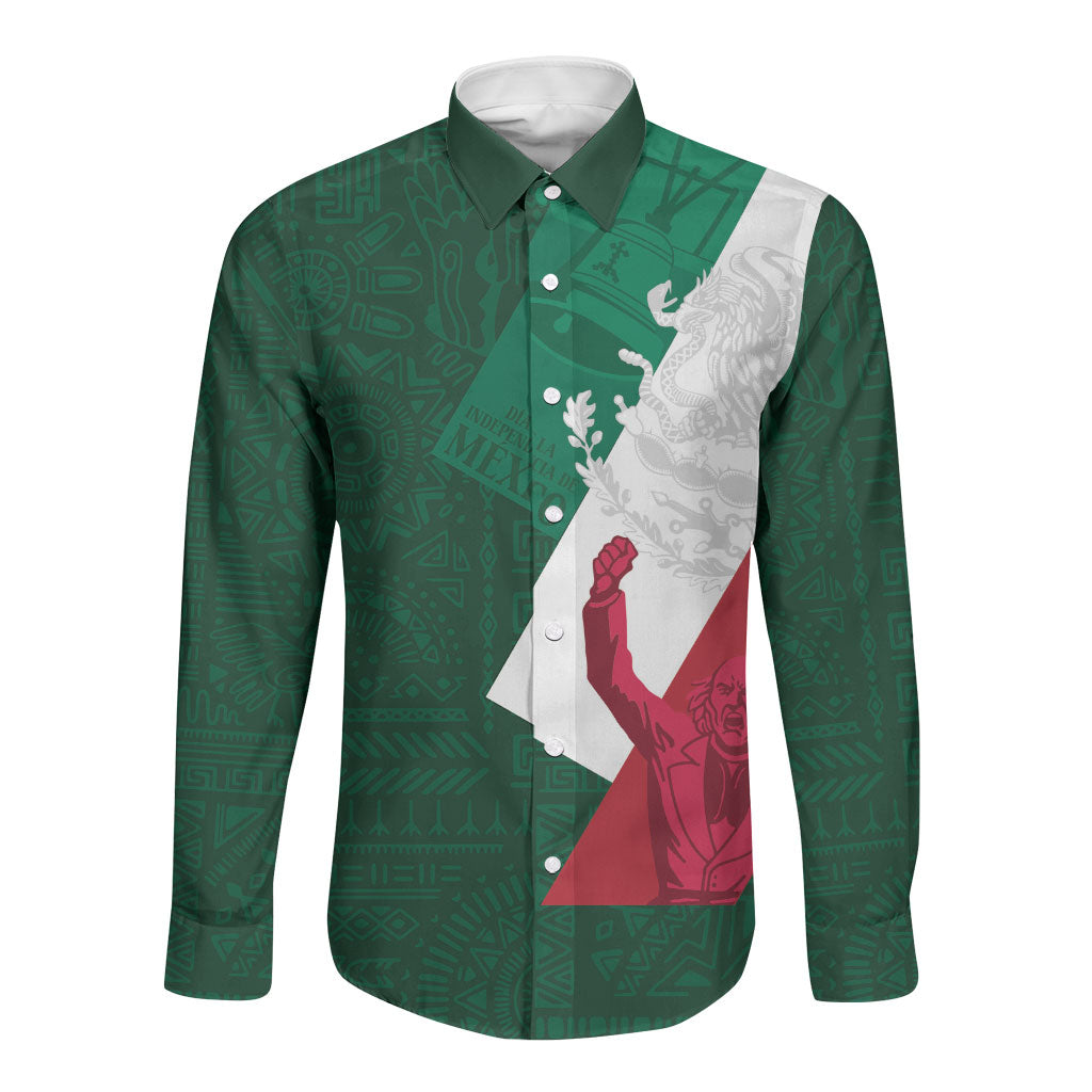 Dia de la Independencia de Mexico Long Sleeve Button Shirt 16 De Septiembre Traditional Aztec Tribal Green