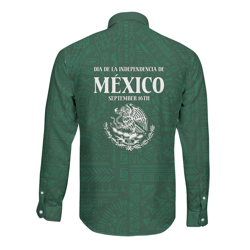 Dia de la Independencia de Mexico Long Sleeve Button Shirt 16 De Septiembre Traditional Aztec Tribal Green