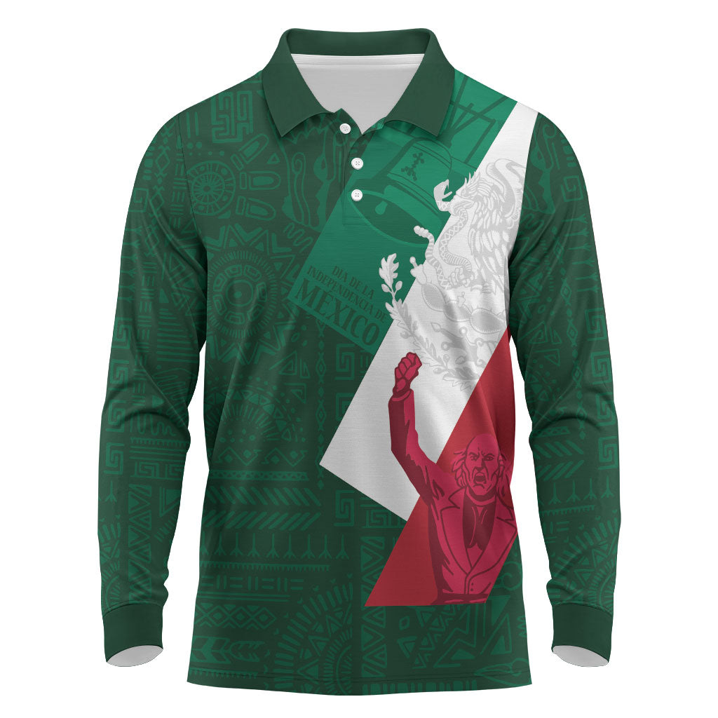 Dia de la Independencia de Mexico Long Sleeve Polo Shirt 16 De Septiembre Traditional Aztec Tribal Green