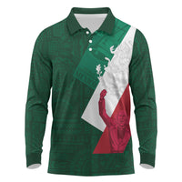 Dia de la Independencia de Mexico Long Sleeve Polo Shirt 16 De Septiembre Traditional Aztec Tribal Green