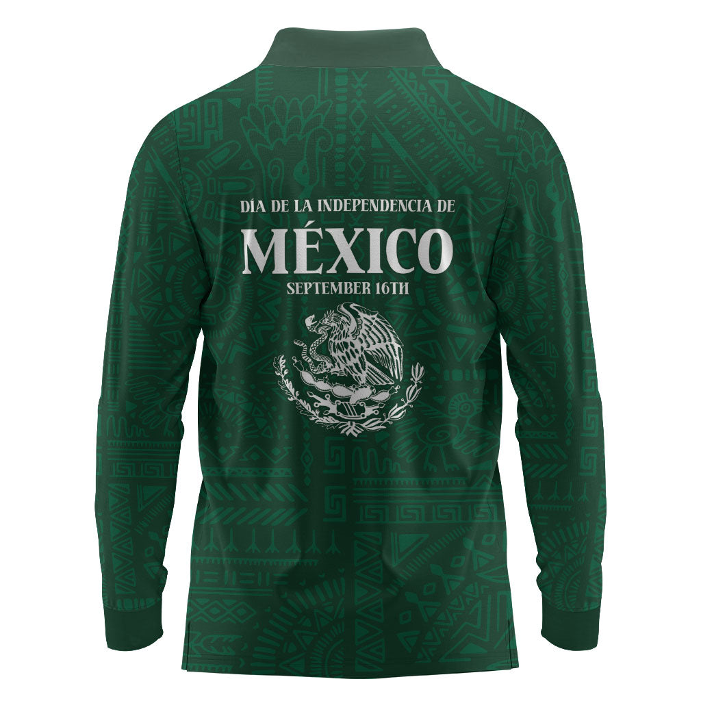 Dia de la Independencia de Mexico Long Sleeve Polo Shirt 16 De Septiembre Traditional Aztec Tribal Green