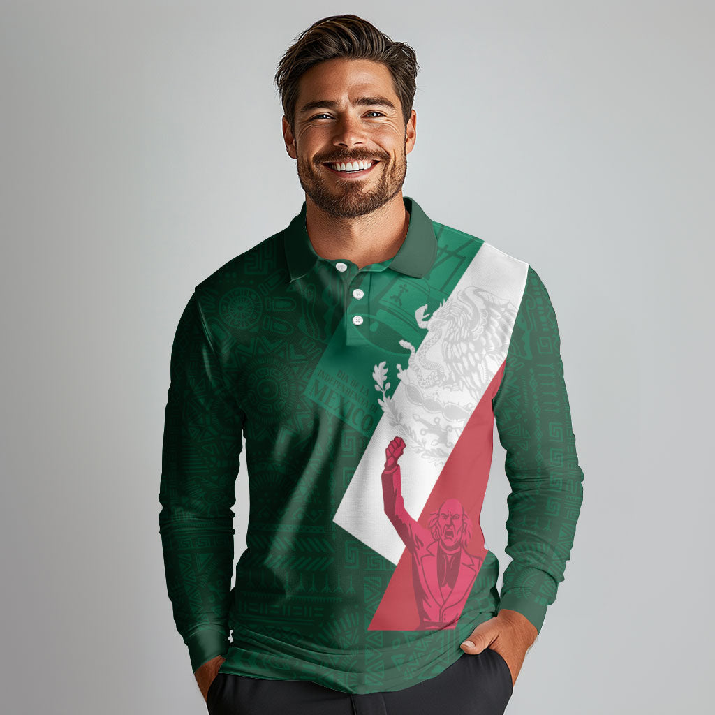Dia de la Independencia de Mexico Long Sleeve Polo Shirt 16 De Septiembre Traditional Aztec Tribal Green