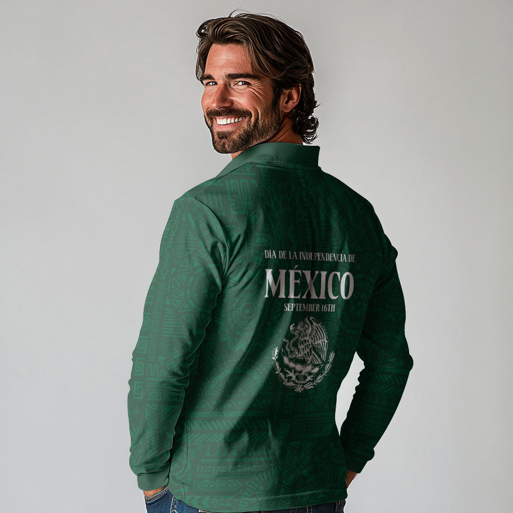 Dia de la Independencia de Mexico Long Sleeve Polo Shirt 16 De Septiembre Traditional Aztec Tribal Green