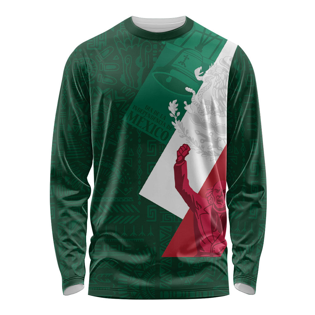 Dia de la Independencia de Mexico Long Sleeve Shirt 16 De Septiembre Traditional Aztec Tribal Green