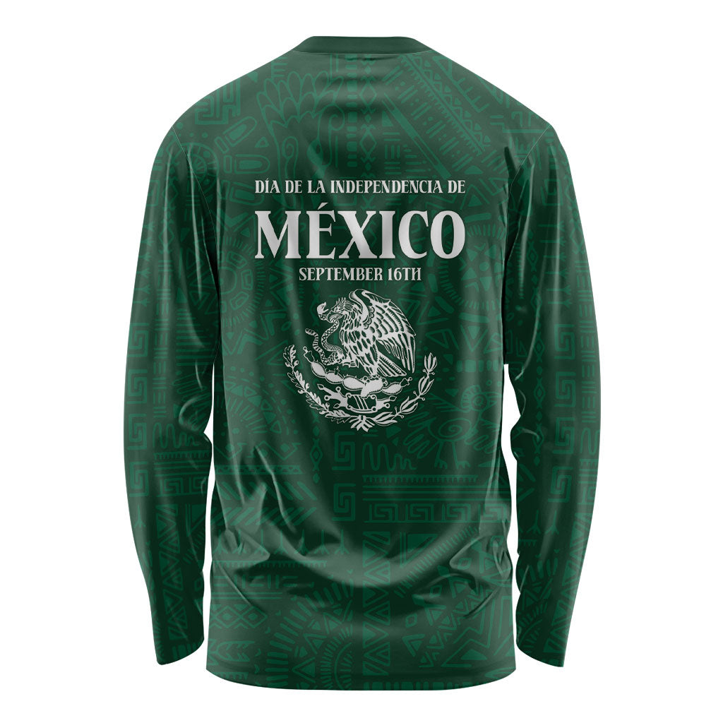 Dia de la Independencia de Mexico Long Sleeve Shirt 16 De Septiembre Traditional Aztec Tribal Green