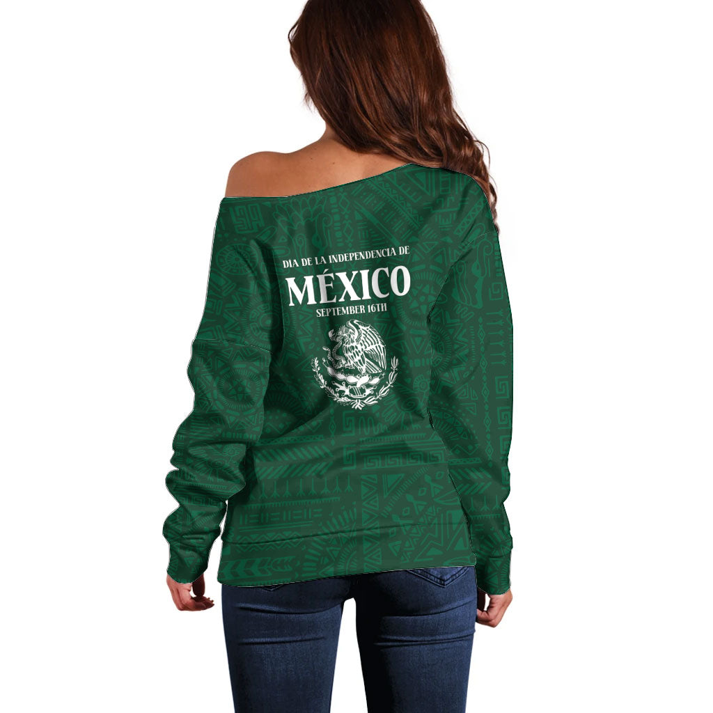 Dia de la Independencia de Mexico Off Shoulder Sweater 16 De Septiembre Traditional Aztec Tribal Green