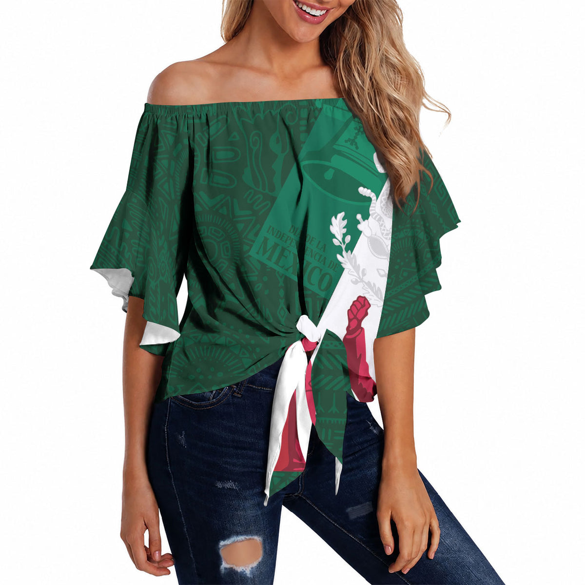 Dia de la Independencia de Mexico Off Shoulder Wrap Waist Top 16 De Septiembre Traditional Aztec Tribal Green