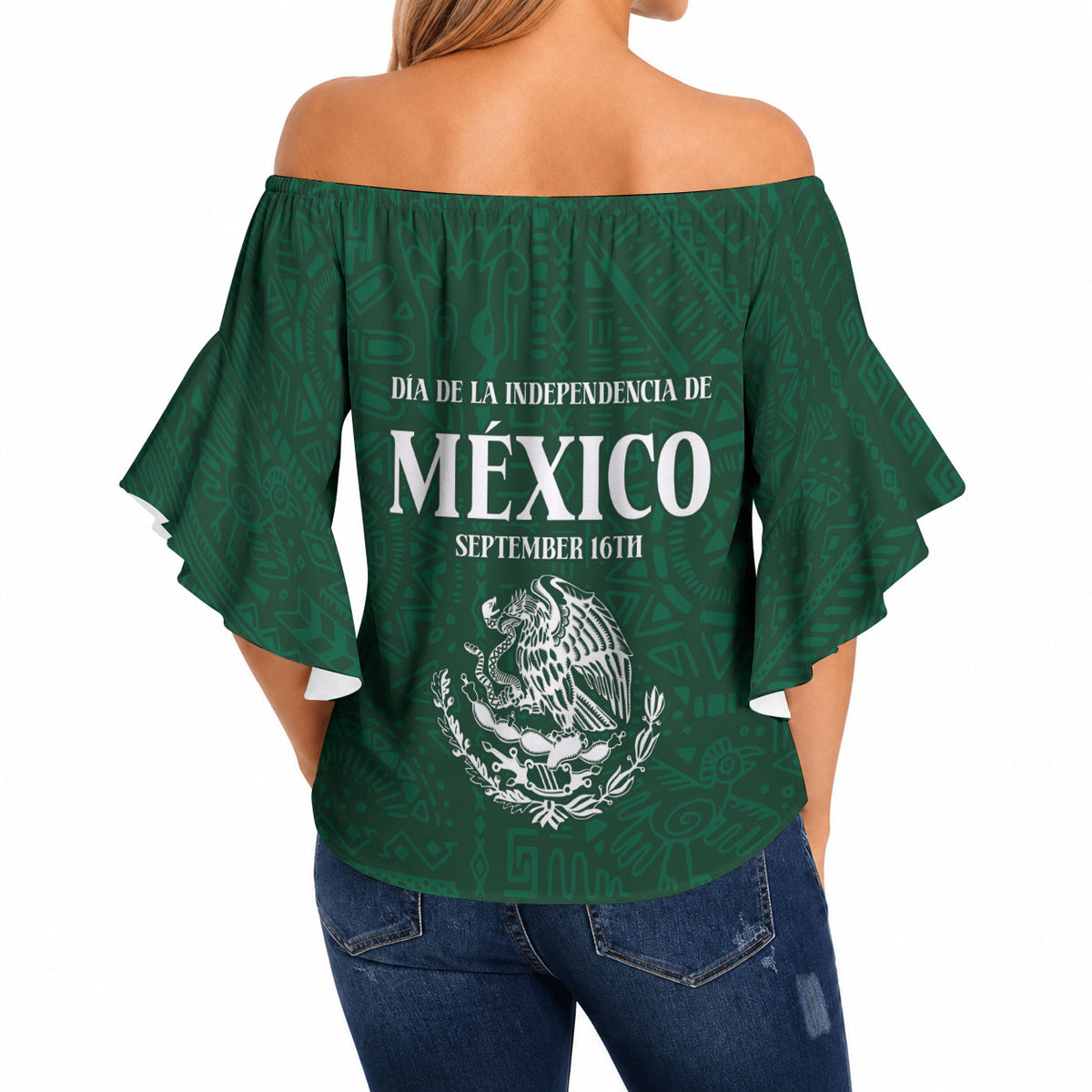 Dia de la Independencia de Mexico Off Shoulder Wrap Waist Top 16 De Septiembre Traditional Aztec Tribal Green