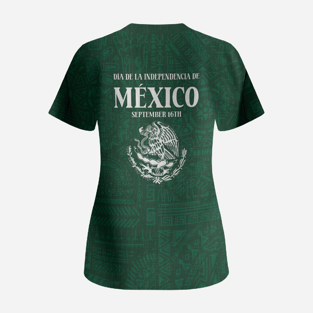 Dia de la Independencia de Mexico Scrub Top 16 De Septiembre Traditional Aztec Tribal Green