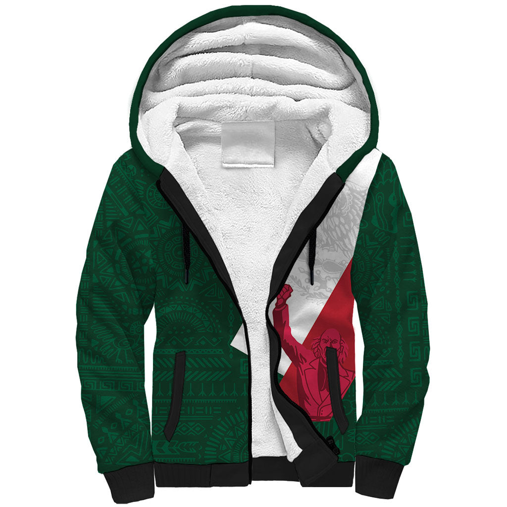 Dia de la Independencia de Mexico Sherpa Hoodie 16 De Septiembre Traditional Aztec Tribal Green