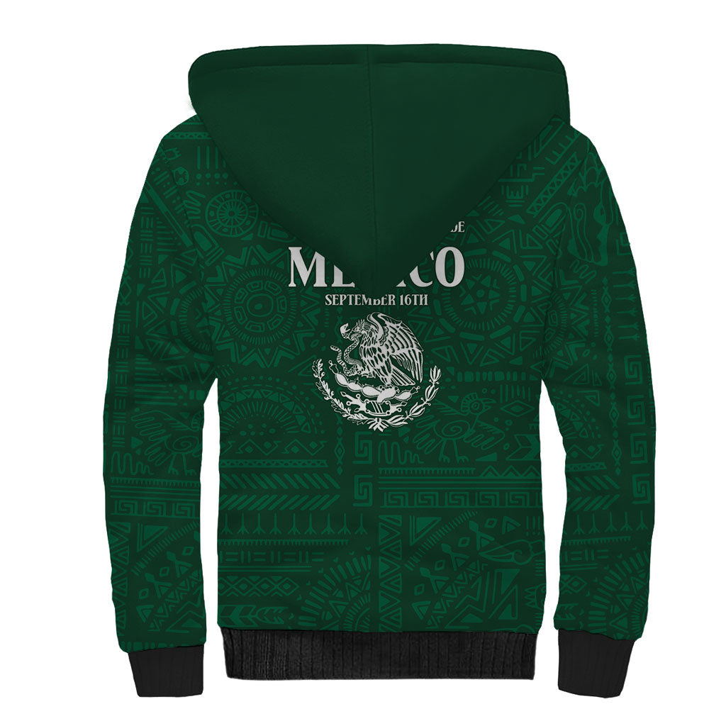 Dia de la Independencia de Mexico Sherpa Hoodie 16 De Septiembre Traditional Aztec Tribal Green