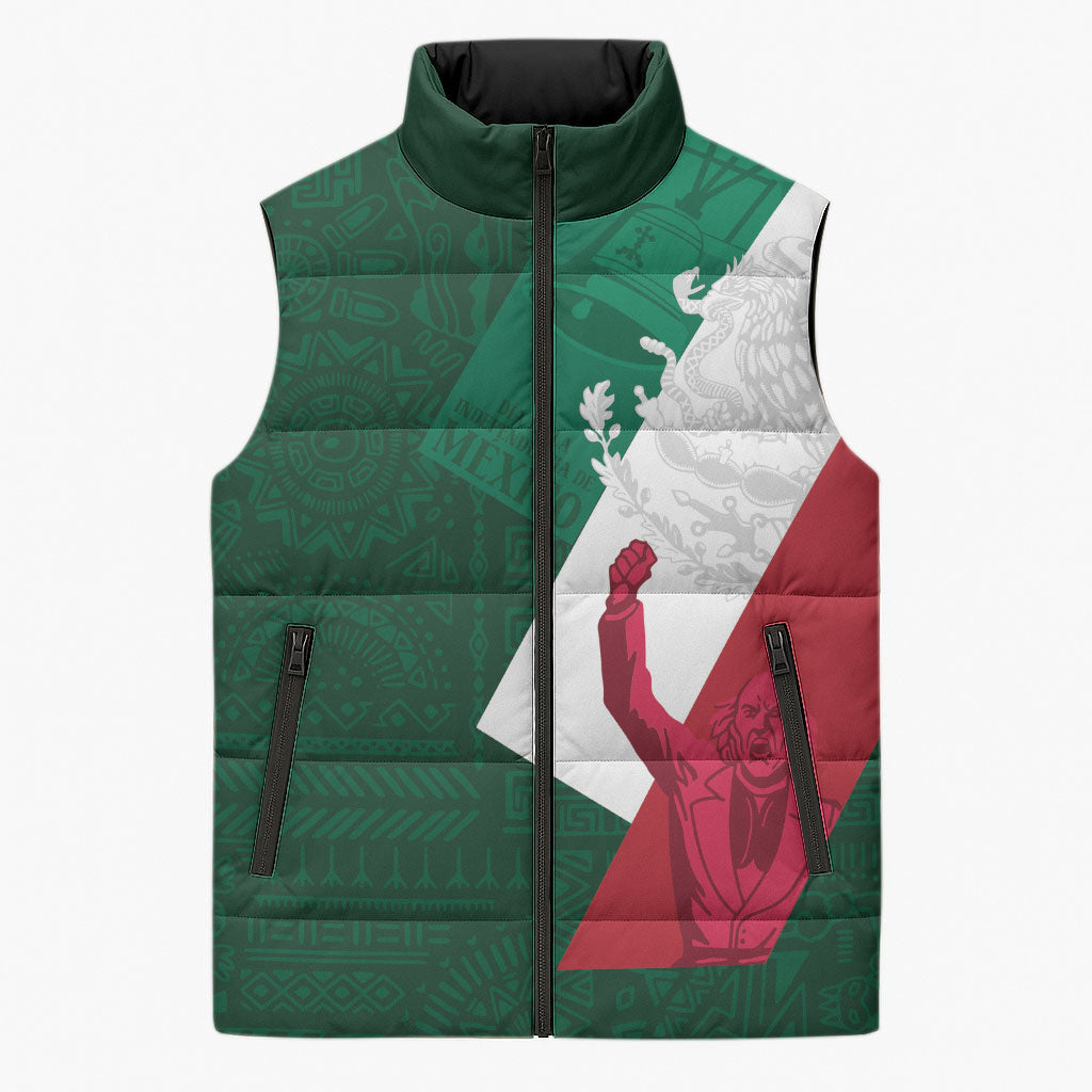 Dia de la Independencia de Mexico Sleeveless Puffer Jacket 16 De Septiembre Traditional Aztec Tribal Green