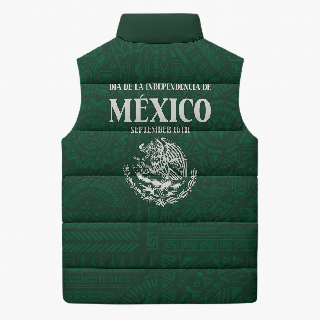 Dia de la Independencia de Mexico Sleeveless Puffer Jacket 16 De Septiembre Traditional Aztec Tribal Green