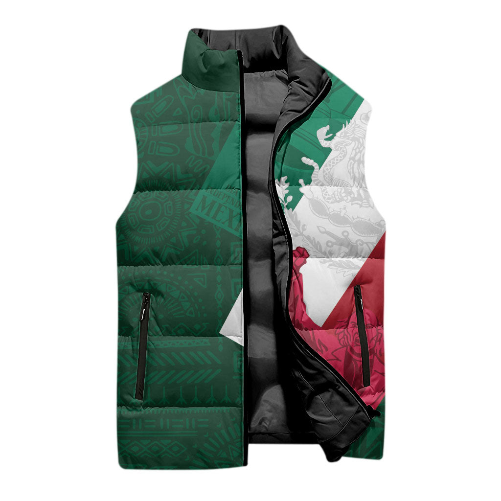 Dia de la Independencia de Mexico Sleeveless Puffer Jacket 16 De Septiembre Traditional Aztec Tribal Green