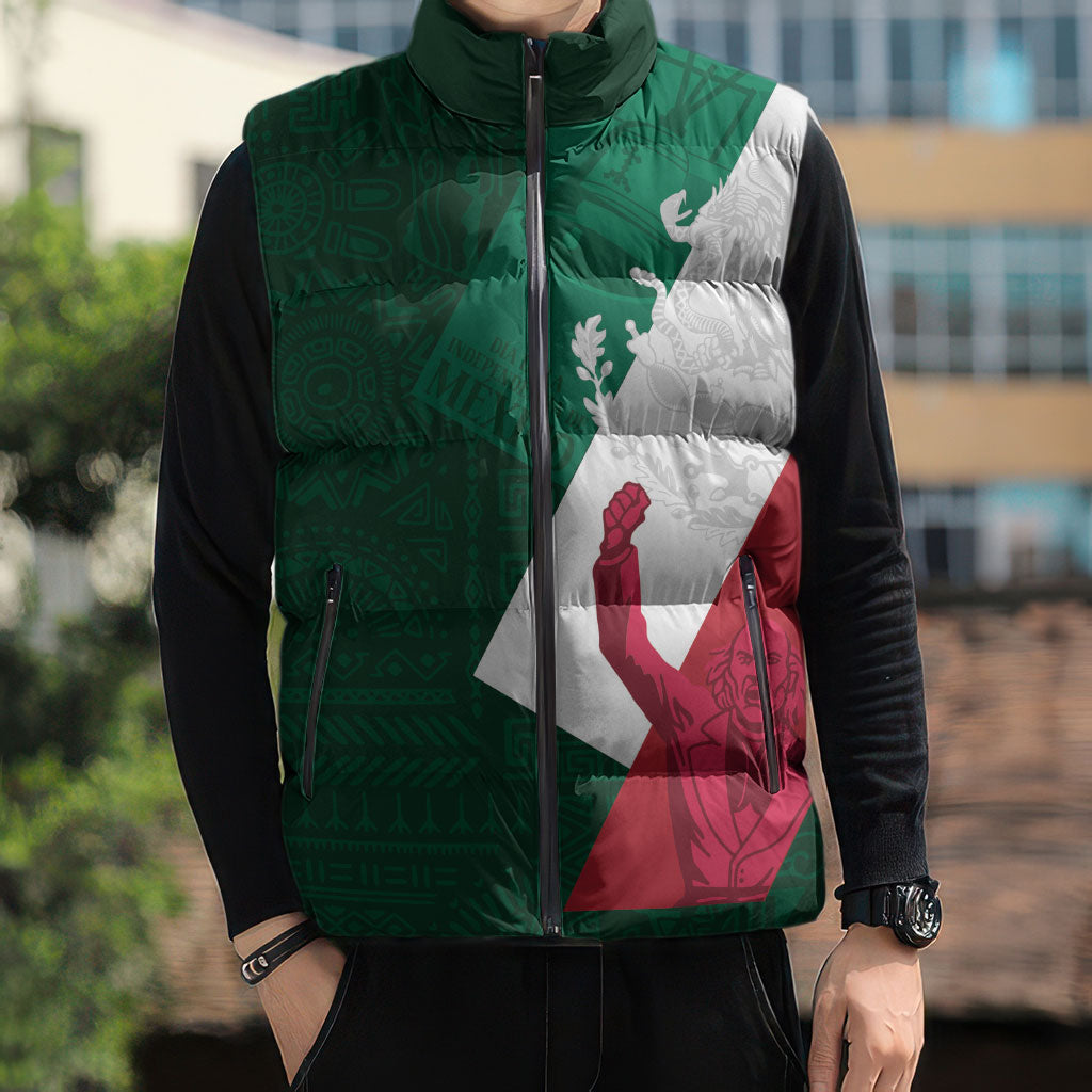 Dia de la Independencia de Mexico Sleeveless Puffer Jacket 16 De Septiembre Traditional Aztec Tribal Green