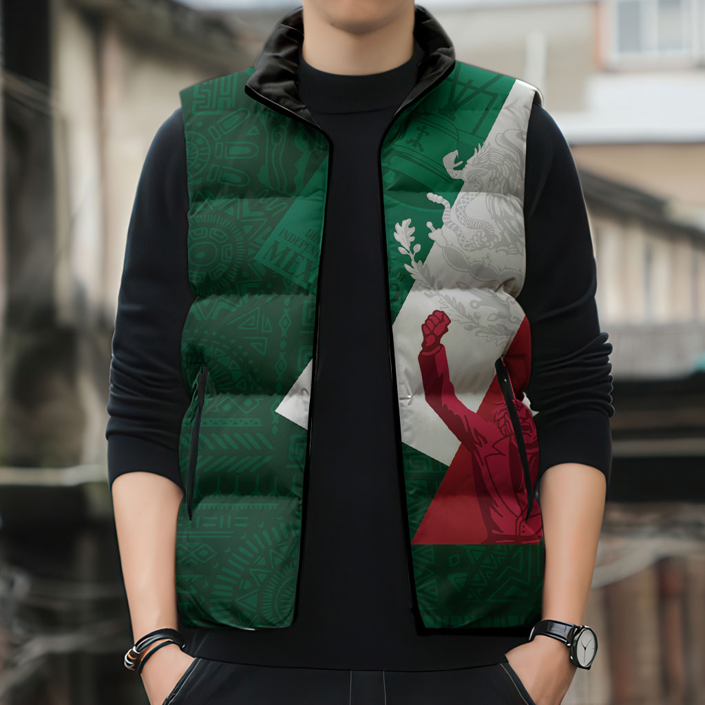 Dia de la Independencia de Mexico Sleeveless Puffer Jacket 16 De Septiembre Traditional Aztec Tribal Green