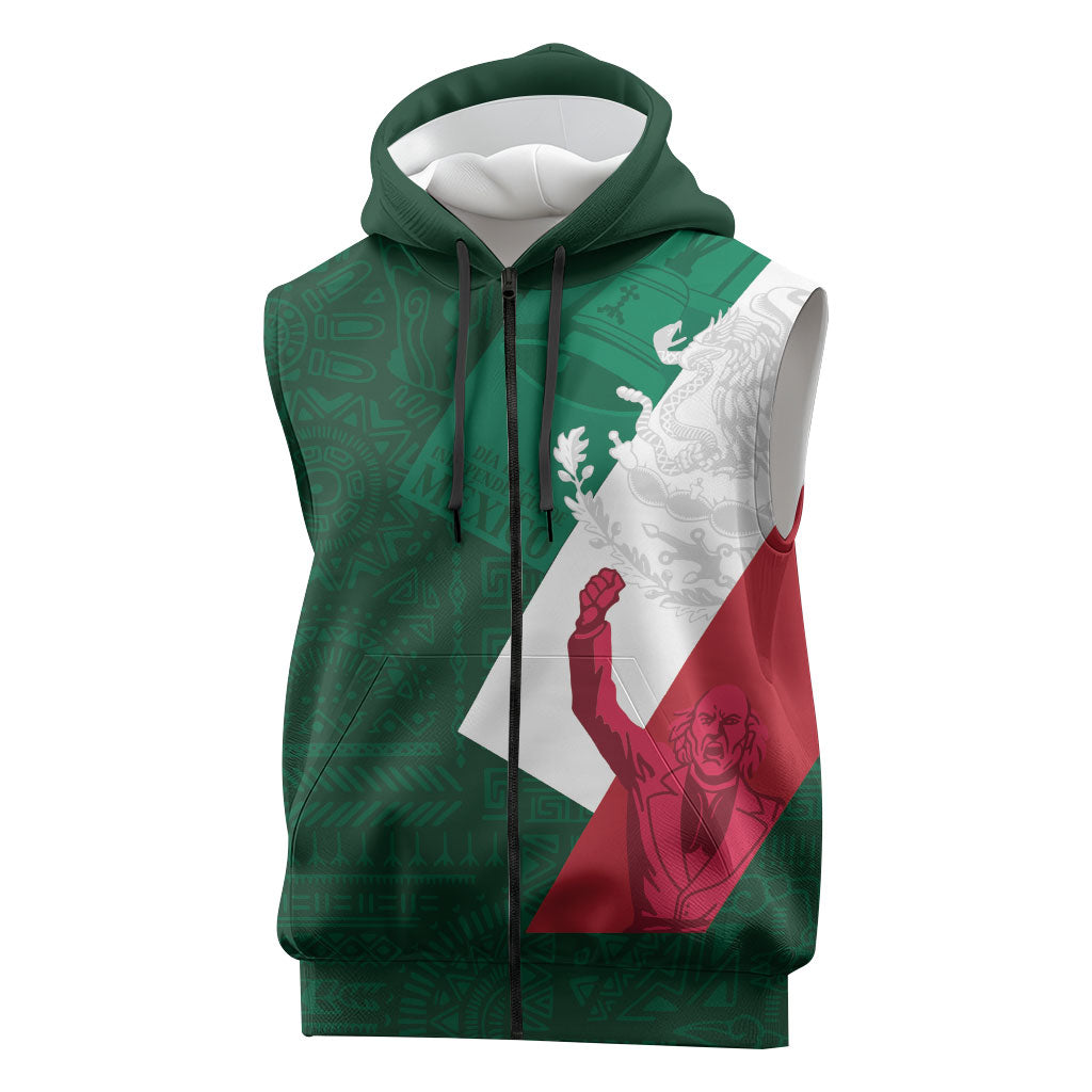 Dia de la Independencia de Mexico Sleeveless Zip Hoodie 16 De Septiembre Traditional Aztec Tribal Green