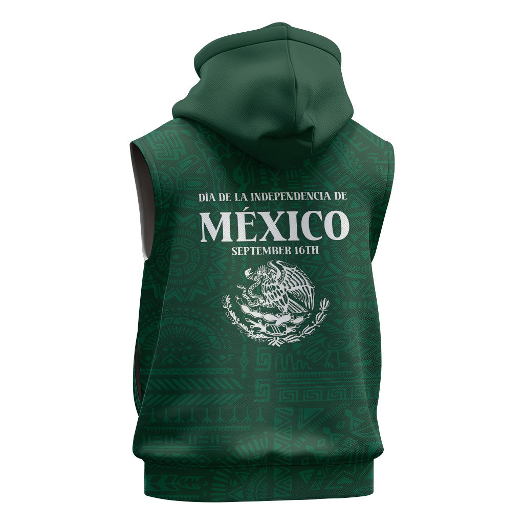 Dia de la Independencia de Mexico Sleeveless Zip Hoodie 16 De Septiembre Traditional Aztec Tribal Green
