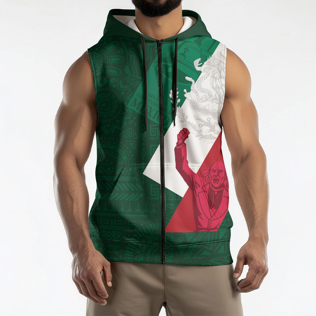 Dia de la Independencia de Mexico Sleeveless Zip Hoodie 16 De Septiembre Traditional Aztec Tribal Green