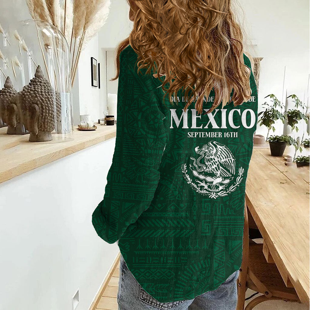 Dia de la Independencia de Mexico Women Casual Shirt 16 De Septiembre Traditional Aztec Tribal Green