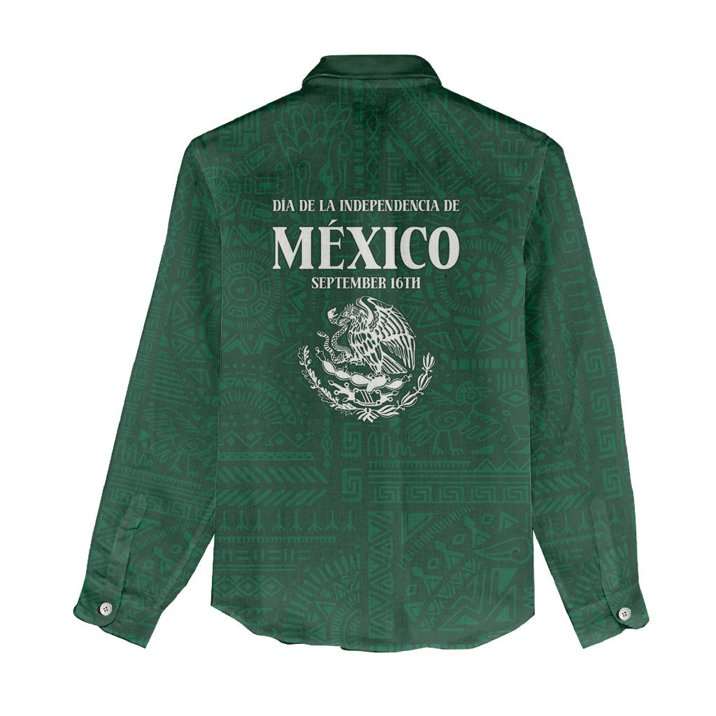 Dia de la Independencia de Mexico Women Casual Shirt 16 De Septiembre Traditional Aztec Tribal Green