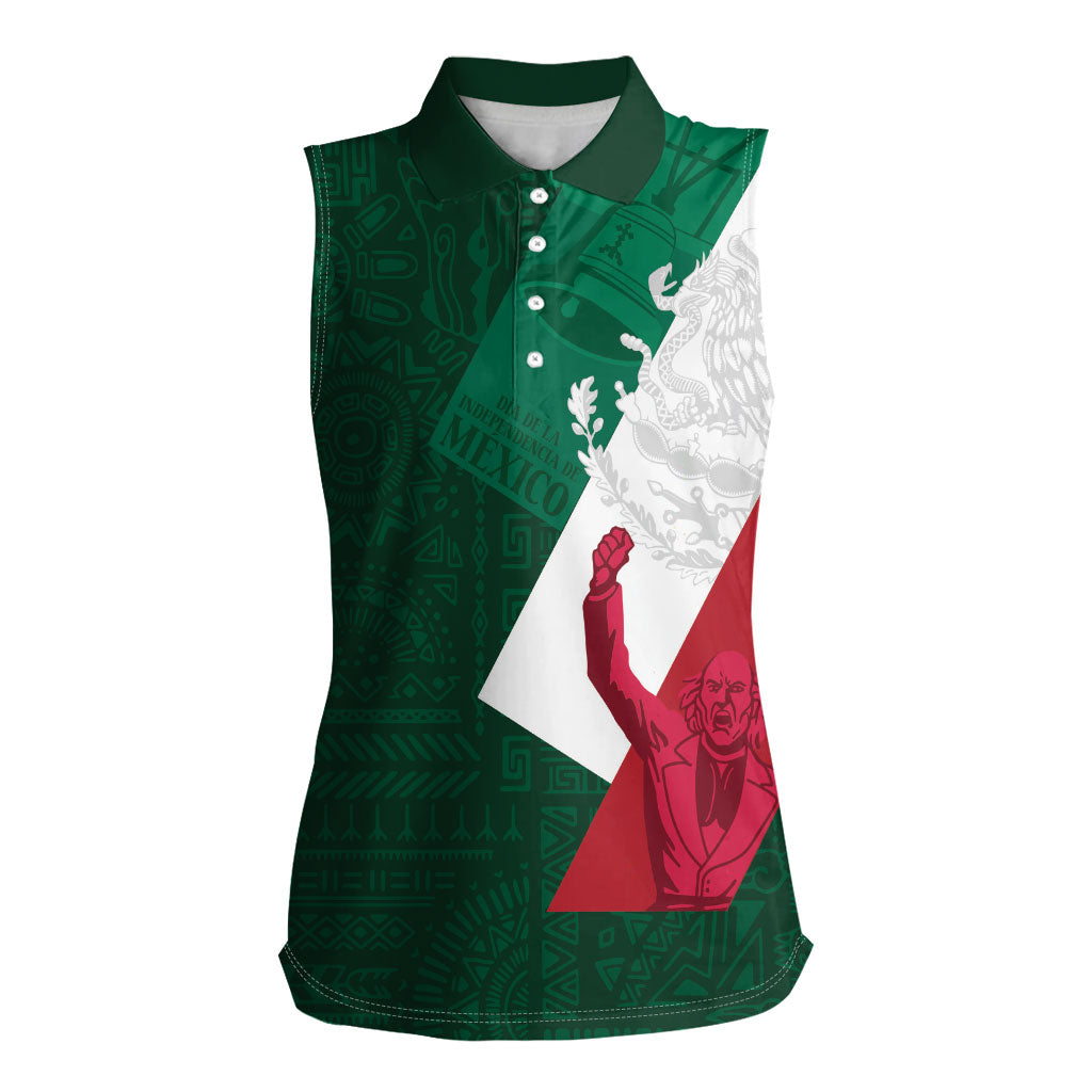 Dia de la Independencia de Mexico Women Sleeveless Polo Shirt 16 De Septiembre Traditional Aztec Tribal Green